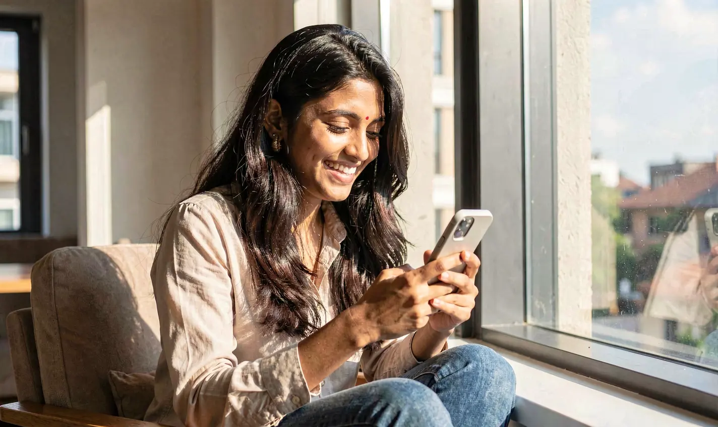 TK488 App – Enjoy a smooth and user friendly mobile casino experience in Bangladesh Happy Bangladeshi woman relaxing by a window while using the TK488 casino app on her smartphone in a modern casual setting