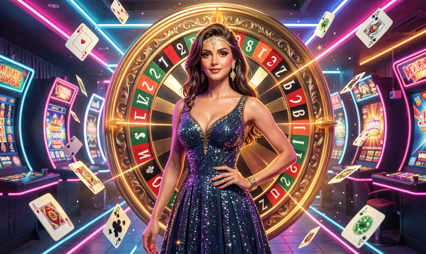 TK488 Bonuses – Unlock rewarding casino offers designed for Bangladeshi players Elegant casino woman surrounded by spinning roulette numbers and glowing lights representing the excitement and premium bonuses available at TK488 casino for players in Bangladesh