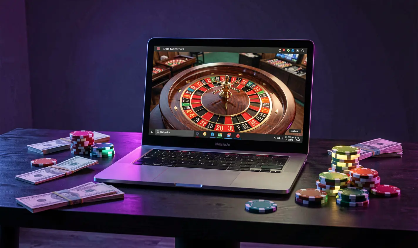 TK488 – Experience the thrill of live casino games in Bangladesh Colorful online roulette wheel displayed on a laptop surrounded by casino chips and money highlighting the immersive live casino environment at TK488 for players in Bangladesh