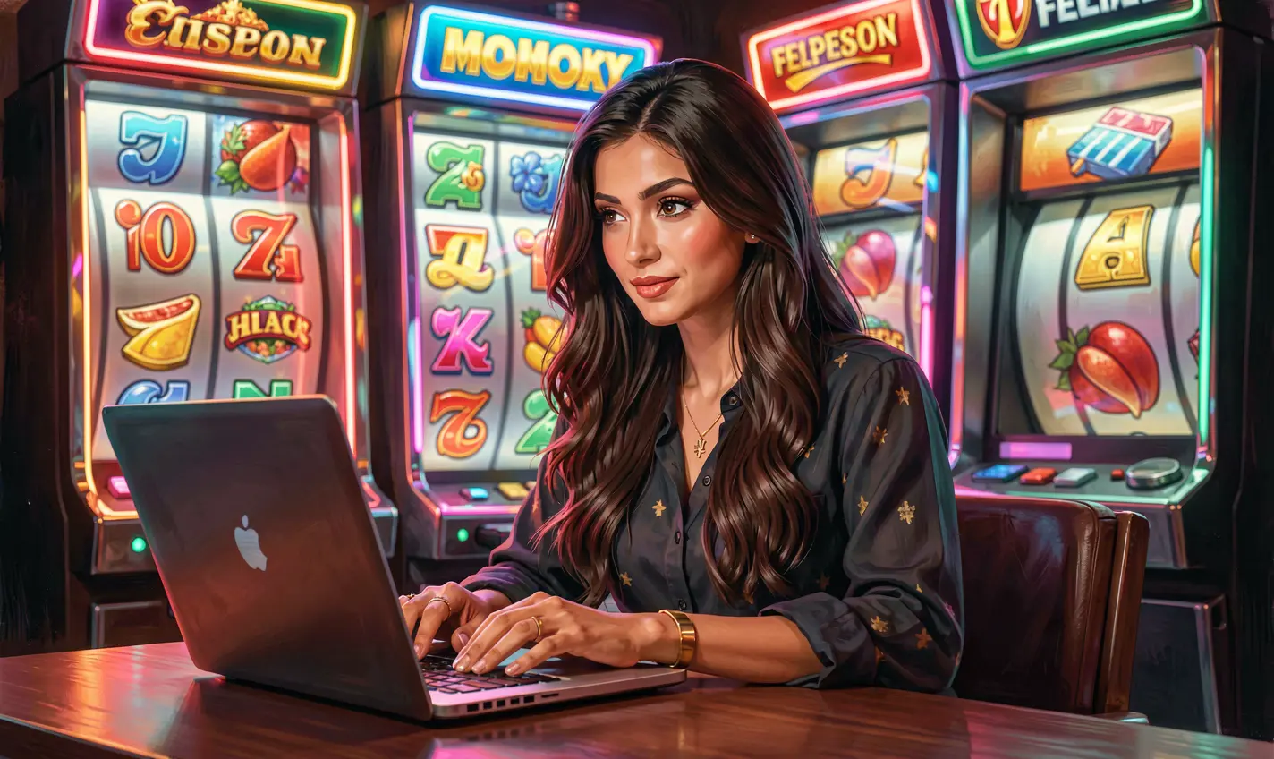 TK488 Games – Explore an immersive world of online casino entertainment in Bangladesh Focused female gamer playing online casino games on a laptop surrounded by glowing slot machine symbols and neon lights at TK488 in Bangladesh