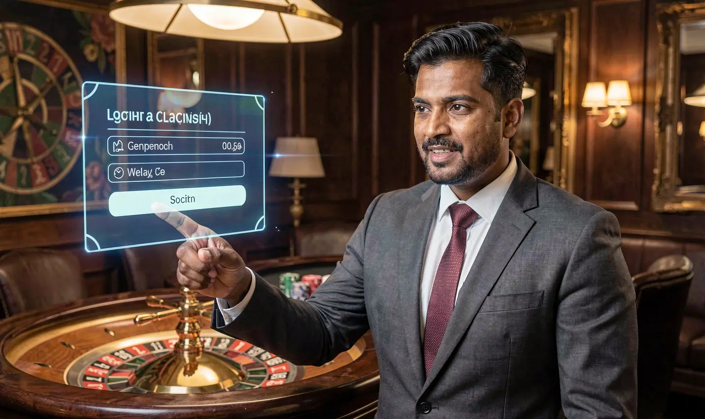 TK488 Login – Fast and secure access to your gaming account in Bangladesh Professional casino dealer from Bangladesh pointing at a glowing holographic login panel above a roulette table representing TK488